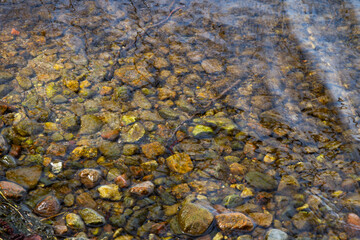 Texture, background. The surface of the water in the river with pebbles