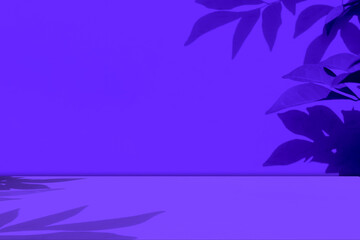 Fototapeta na wymiar Purple Background Product Studio Podium Wall Scene Abstract Mockup Kitchen Table Cosmetic Shadow Leaves Empty Counter Room Backdrop Shelf Minimal Floor Summer Scene Loft Spring Template Platform Bar.