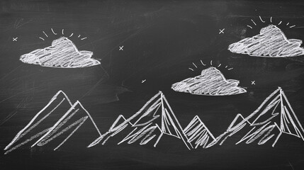 Chalk drawing of mountains on a blackboard, Generative AI.