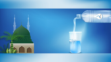Vector illustration of a glass of Zamzam water with the background of the Mosque, Medina