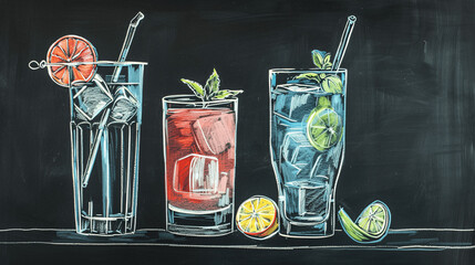 Chalk drawing of Spring or summer refreshing cold cocktail on blackboard, Generative AI.