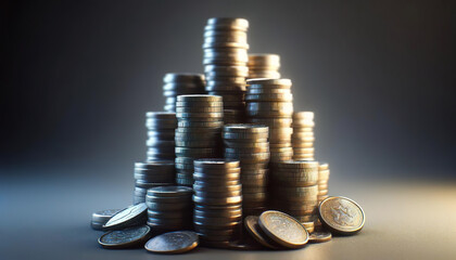 Stacks of coins build a shining cityscape of wealth - 772885401