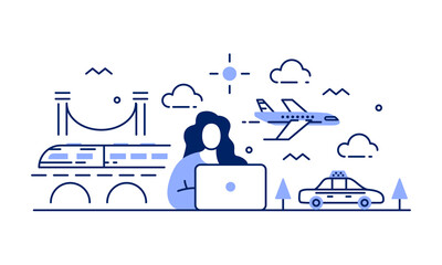Vector illustration of a travel agent in front of a laptop planning a trip. Woman is choosing and buying online tickets for a plane, train and taxi. Travel agency work process, scheduling vacation