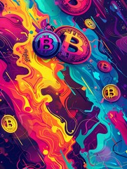 Produce a striking image that visually represents the fusion of internet memes and the fluctuating trends within the cryptocurrency market Use vibrant colors and bold typography  - obrazy, fototapety, plakaty