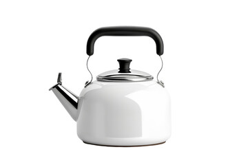 White Tea Kettle With Black Handle. On a White or Clear Surface PNG Transparent Background..