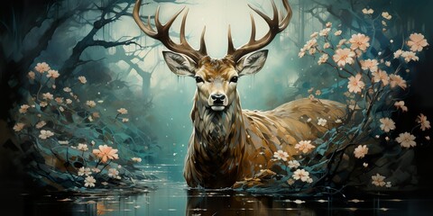 Visualize a deer with a shimmering coat, reflecting the colors of the forest and the sunlight - obrazy, fototapety, plakaty