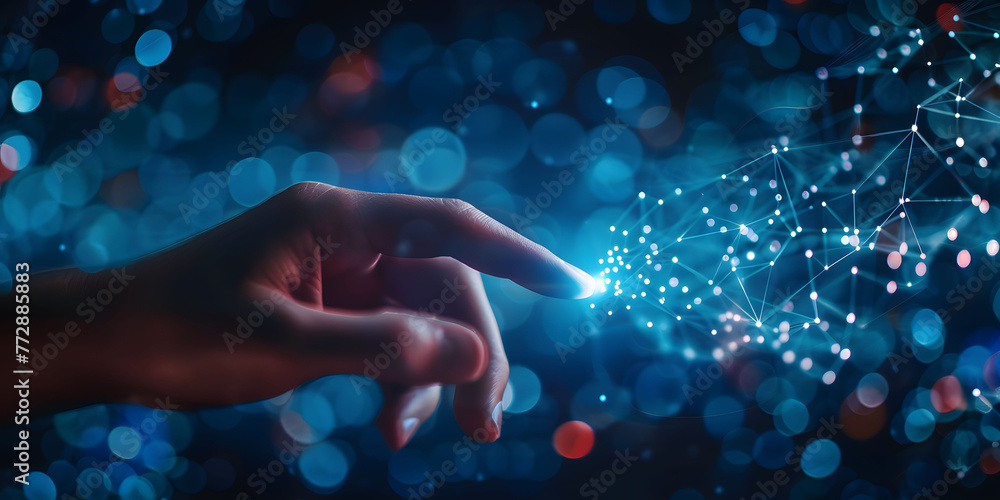Poster fingers touching a glowing digital connection network, data transferring in the style of technology 
