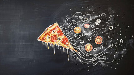 Chalk drawing of with delicious tasty slice of pizza flying on blackboard, Generative AI.