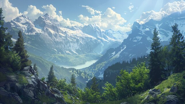Sunlit Mountainside A Serene View of the Alps Generative AI