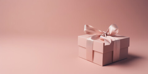 Gift box. Elegant Pink Present Box with silk bow on a pink pastel background. Beautiful Background...