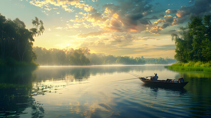 Golden Hour Serenity: A Tranquil Scene with One Man and His Quest for Fish.