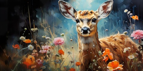 Picture a deer nestled among wildflowers, its delicate presence and gentle demeanor reminding - obrazy, fototapety, plakaty