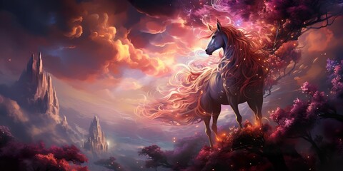Visualize a majestic unicorn with a flowing rainbow-colored mane, its horn glimmering in the sunlight - obrazy, fototapety, plakaty
