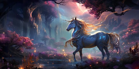 Obraz na płótnie Canvas Visualize a majestic unicorn with a flowing rainbow-colored mane, its horn glimmering in the sunlight