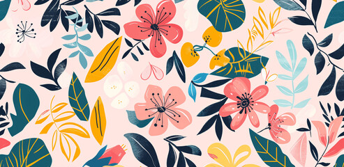 flowers and foliage colorful pattern spring summer background, evoking the joy and energy of the sunny season in a captivating visual presentation, Generative AI.