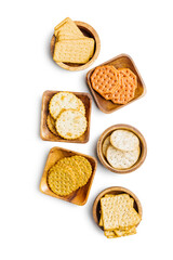 Salted crackers in bowl  isolated on white background.