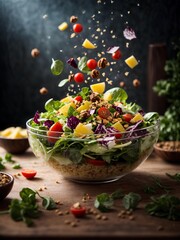 Delicious healthy salad made with nutritious ingredients, leafy greens, vegetables, fruit, studio lighting 