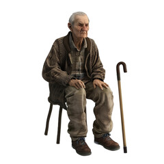 Old man sitting on a chair with crutches - obrazy, fototapety, plakaty