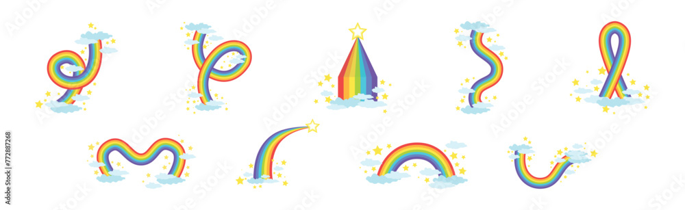 Aufkleber rainbow different shape with fluffy cloud vector set