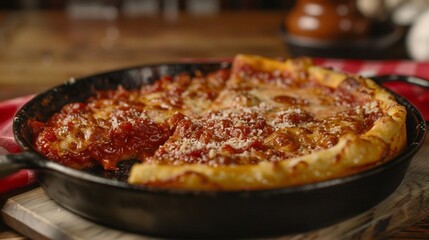 A tempting plate of Chicago deep-dish pizza, with a thick, buttery crust piled high with layers of...
