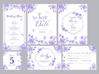 Wedding Invitation Menu Save Date Table Number Kindly Reply Rsvp Thank You Card Decorated Purple Flo