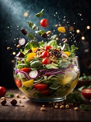 Delicious healthy salad made with nutritious ingredients, leafy greens, vegetables, fruit, studio lighting 