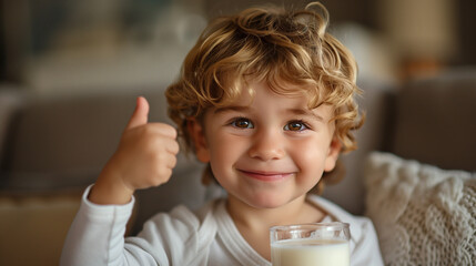 A cute little boy smiling with glass of milk, fresh milk, Adorable kid, curly hair, healthy diet, thumbs up