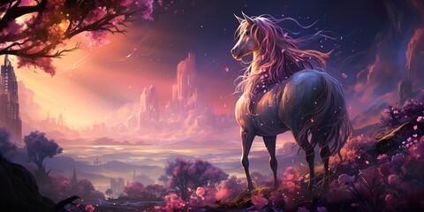 Visualize a majestic unicorn with a flowing rainbow-colored mane, its horn glimmering in the sunlight - obrazy, fototapety, plakaty