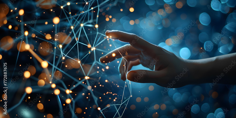 Poster fingers touching a glowing digital connection network, data transferring in the style of technology 