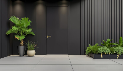 Front door, black exterior of the home with plants. 
House with wooden door and empty black wall.