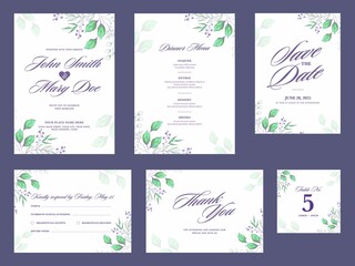 Fototapeta na wymiar Set Wedding Invitation Card Decorated With Green Leaves Buds Information