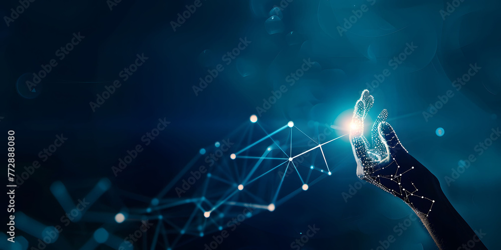 Poster fingers touching a glowing digital connection network, data transferring in the style of technology 