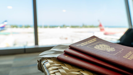 passports with plane tickets at the airport