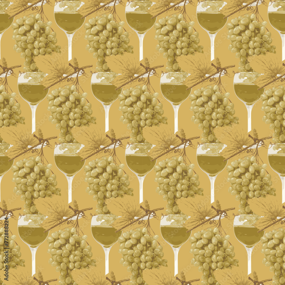 Poster seamless pattern with realistic bunches of grapes and glasses of white wine on gold backdrop. suitab