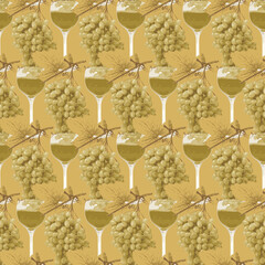 Seamless pattern with realistic bunches of grapes and glasses of white wine on gold backdrop. Suitable for wallpaper, wrapping paper or fabric design. Vector background on a wine theme in retro style - 772888224