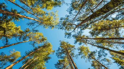 Fototapeta premium Trees in forest from below, green tops of trees, blue sky background, expertly crafted by a professional designer and colorist, evoking the joy and energy of the sunny season in a capt, Generative AI.