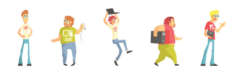 Funny Nerd and Geek Man Character Computer Lover Vector Set