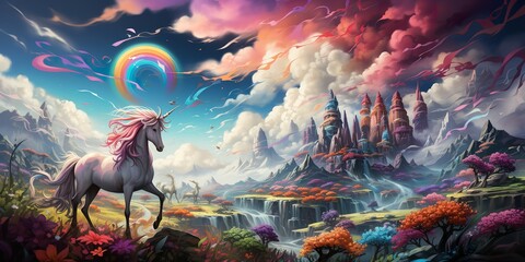 Visualize a majestic unicorn with a flowing rainbow-colored mane, its horn glimmering in the...
