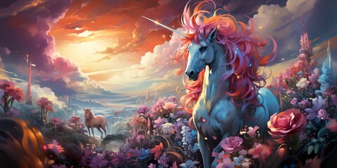 Naklejka premium Visualize a majestic unicorn with a flowing rainbow-colored mane, its horn glimmering in the sunlight