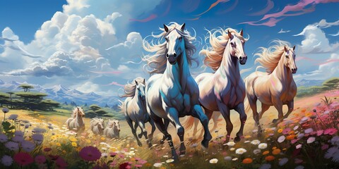 Visualize a majestic unicorn with a flowing rainbow-colored mane, its horn glimmering in the sunlight