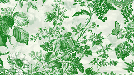 Here's a prompt for an image of a Vintage French Floral Toile green pattern, evoking the joy and energy of the sunny season, Generative AI.