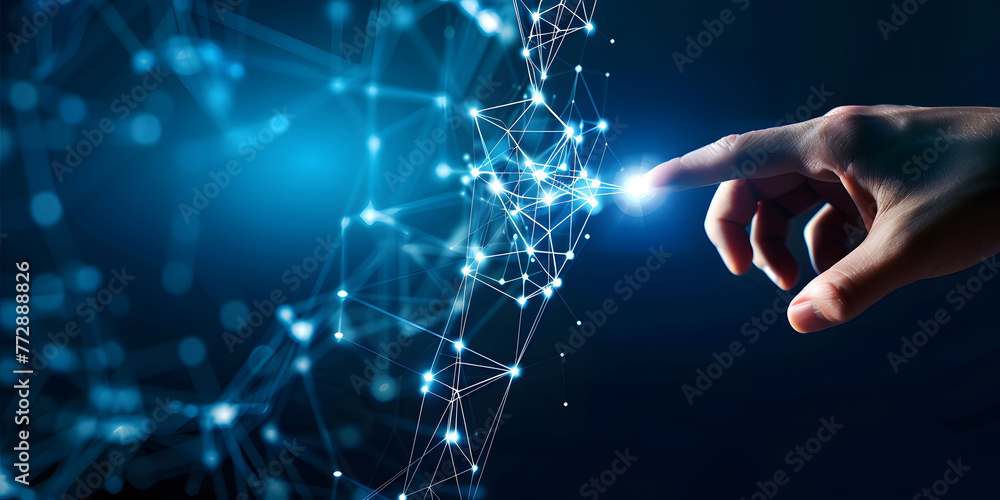 Poster fingers touching a glowing digital connection network, data transferring in the style of technology 