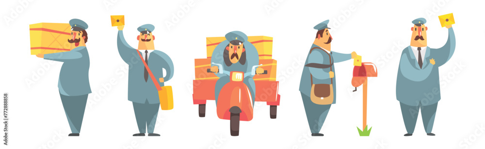 Poster postman funny character delivering post and letters vector set