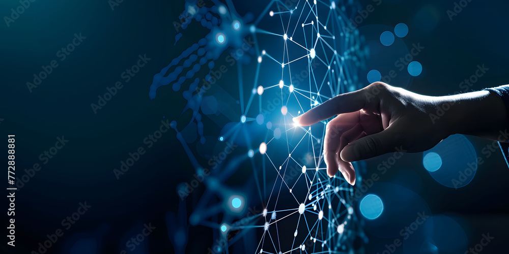 Poster fingers touching a glowing digital connection network, data transferring in the style of technology 