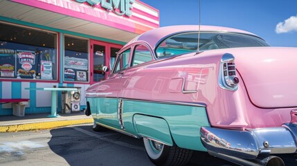 Vintage pink and turquoise car parked in front of a retro diner with colorful facade under a clear...