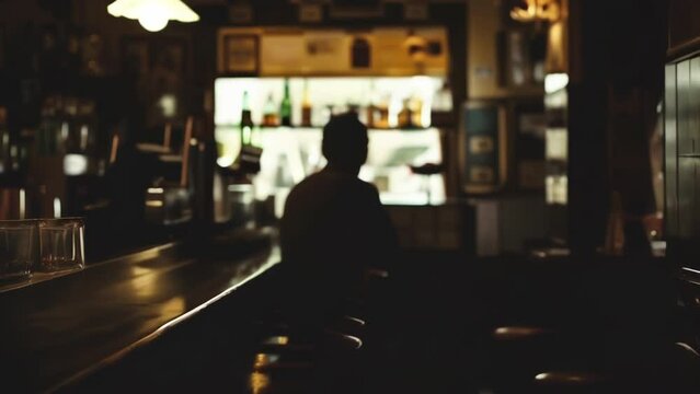 A lone figure facing away from the camera is seen perched on a stool at the bar counter. The dimly lit room and the turned back hint . .