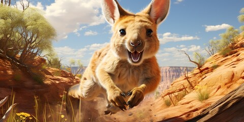 Envision a cute kangaroo joey practicing its hopping skills, with its wobbly bounces and determined spirit - obrazy, fototapety, plakaty