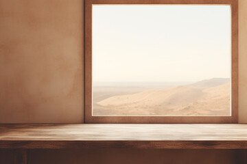 A dreamy depiction of a minimalistic beige wall a blurred empty frame a weathered table. Ai generated