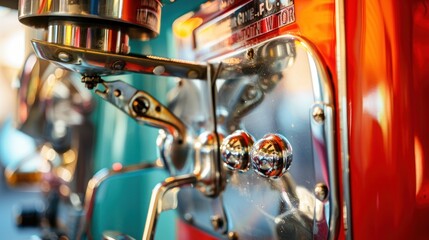 Close-up of a shiny, retro-style slot machine handle and coin slot with colorful lights in the...