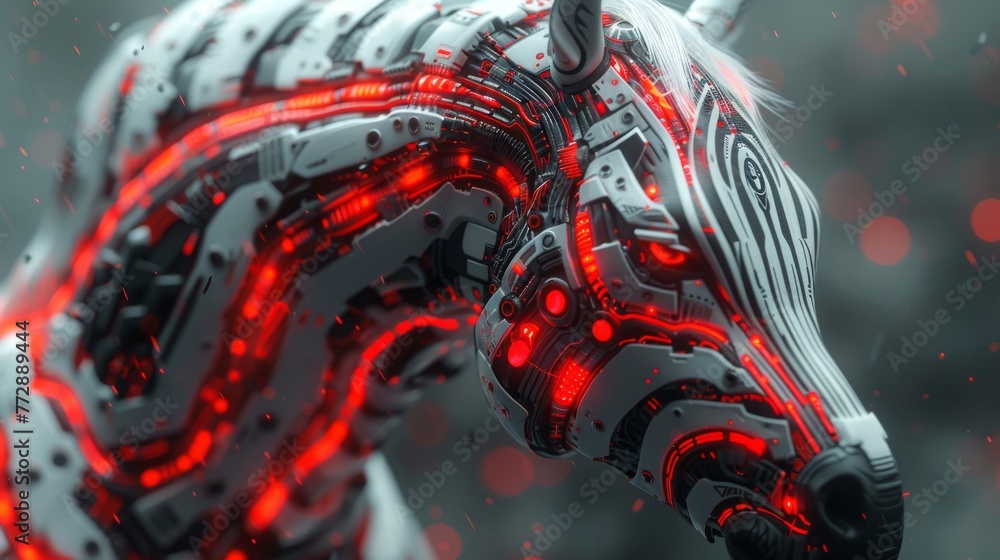 Poster the futuristic shape of a horse combined with the electronic board is reminiscent of a zebra head.